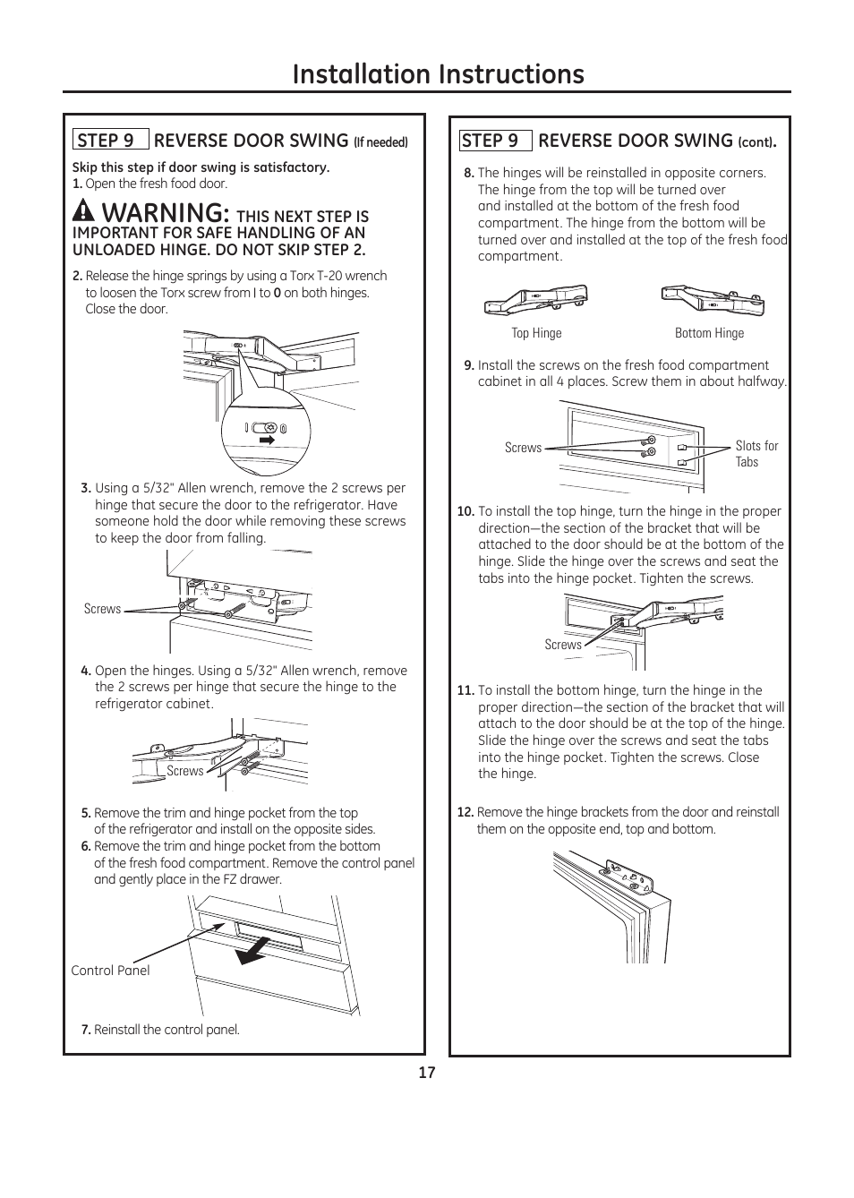 Installation instructions, Warning, Step 9 reverse door swing | GE ZIC30GNDII User Manual | Page 17 / 68