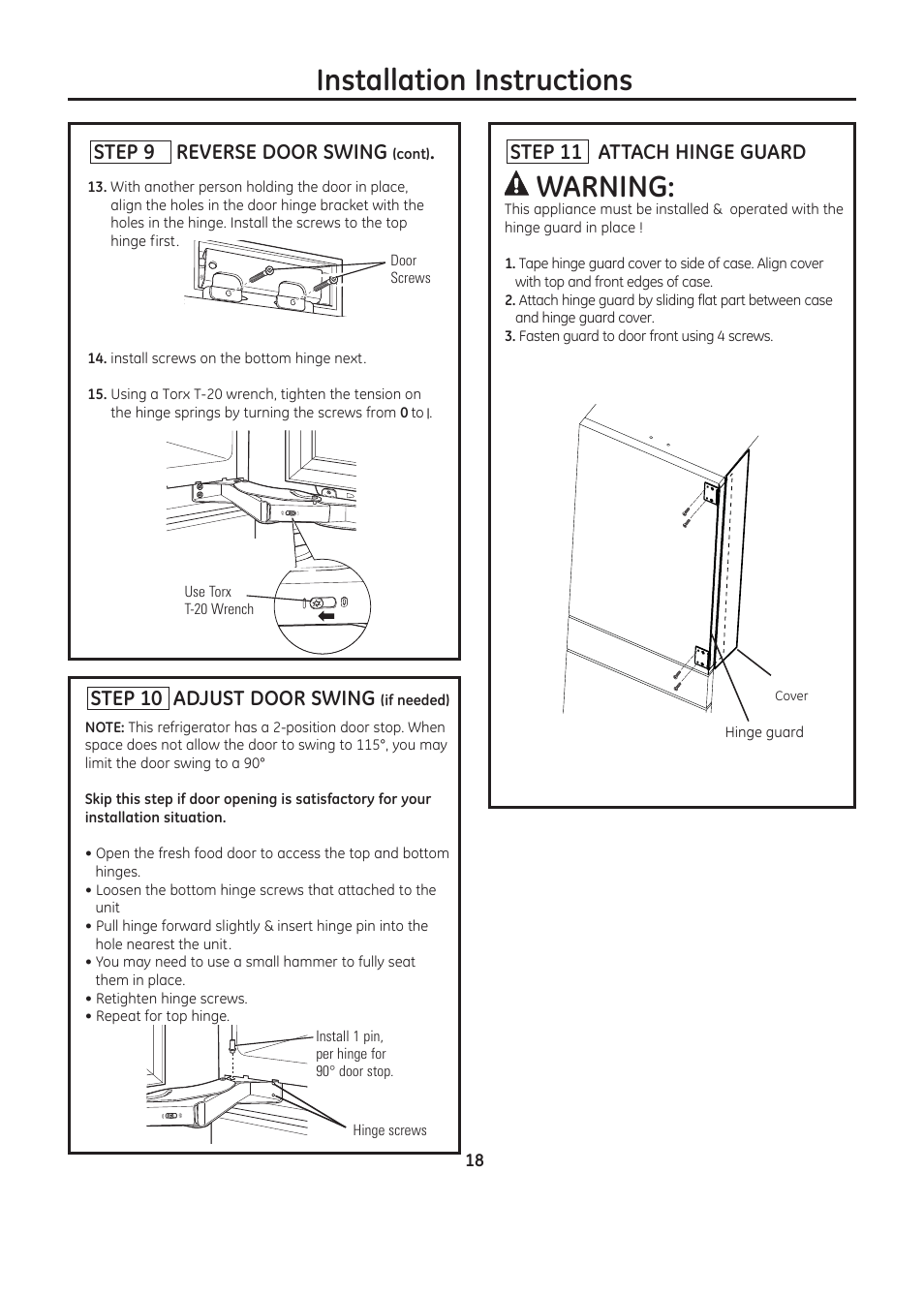 Installation instructions, Warning, Step 11 attach hinge guard | Step 9 reverse door swing, Step 10 adjust door swing | GE ZIC30GNDII User Manual | Page 18 / 68