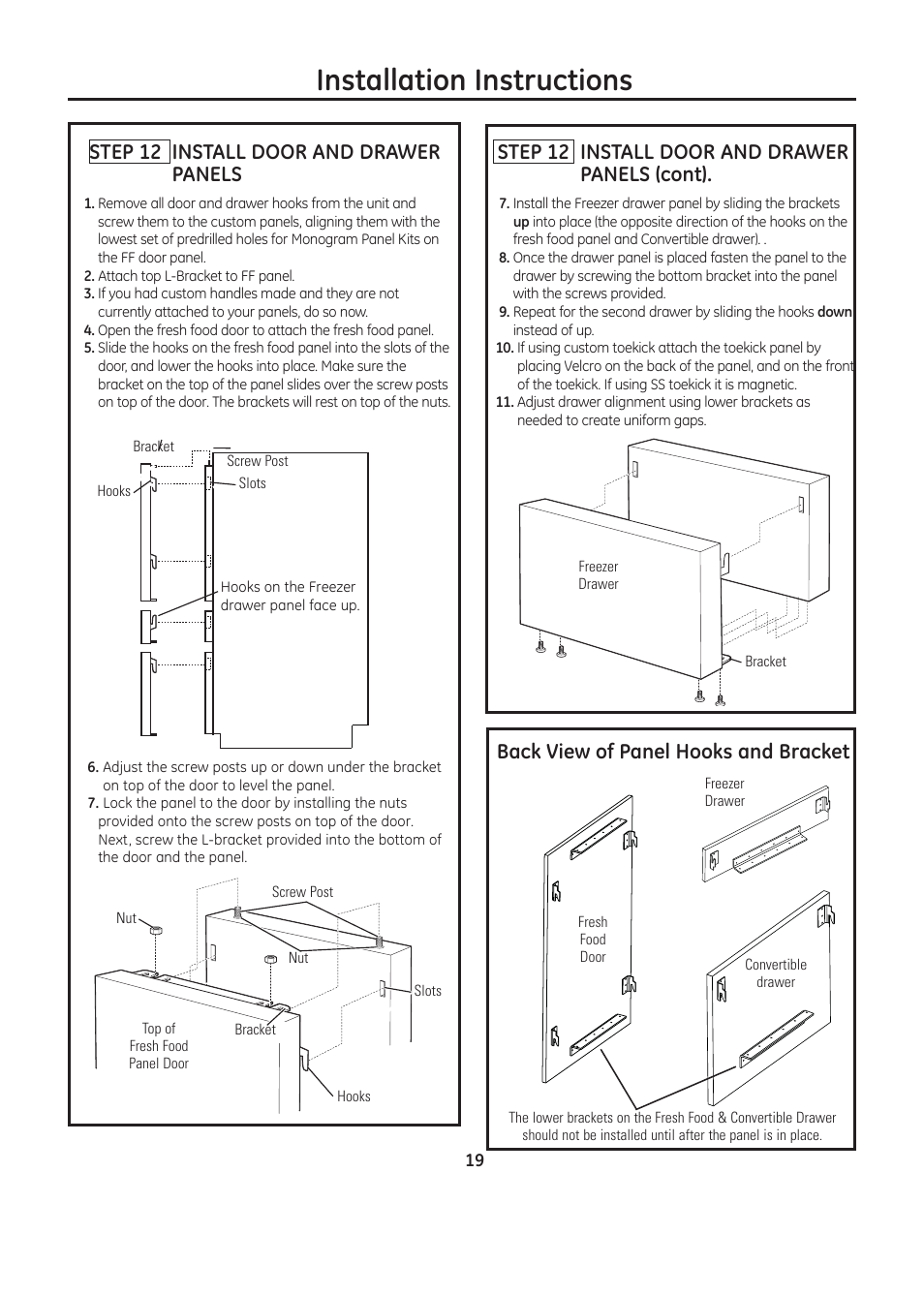 Installation instructions, Step 12 install door and drawer panels, Step 12 install door and drawer panels (cont) | Back view of panel hooks and bracket | GE ZIC30GNDII User Manual | Page 19 / 68