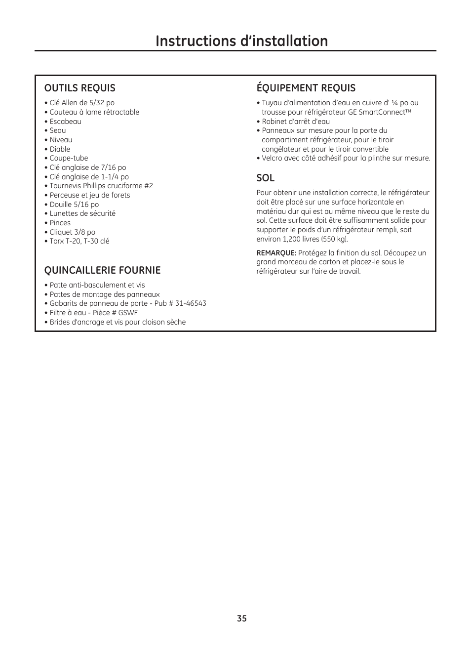 Instructions d’installation | GE ZIC30GNDII User Manual | Page 35 / 68