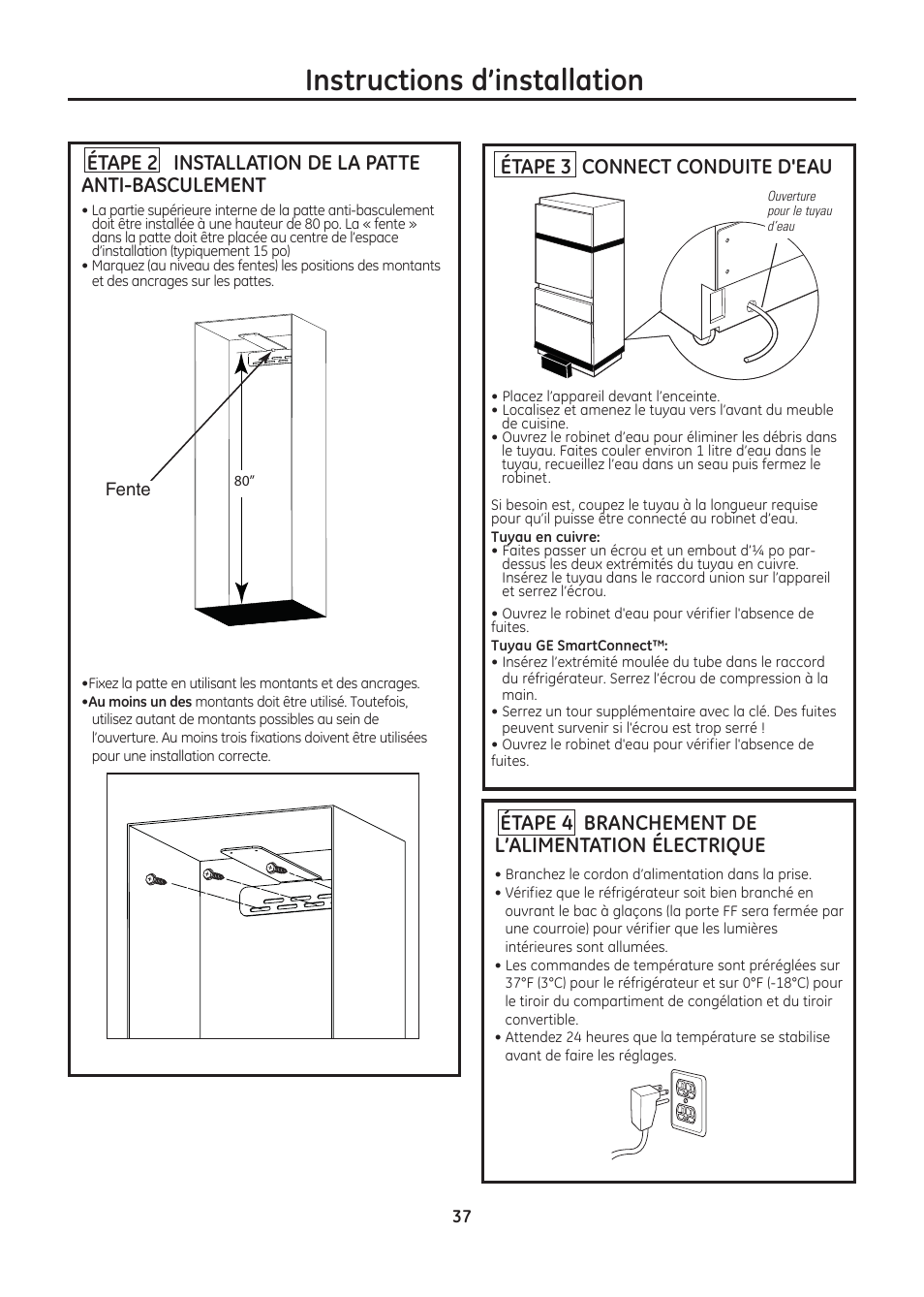 Instructions d’installation, Étape 2 installation de la patte anti-basculement, Étape 4 branchement de l’alimentation électrique | Étape 3 connect conduite d'eau | GE ZIC30GNDII User Manual | Page 37 / 68