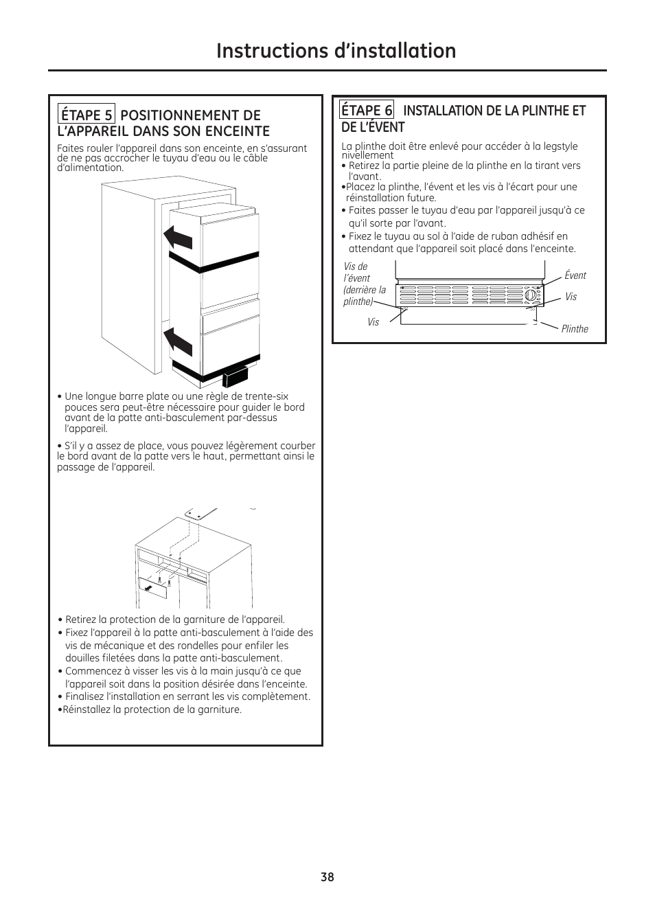 Instructions d’installation, Étape 6 installation de la plinthe et de l’évent | GE ZIC30GNDII User Manual | Page 38 / 68