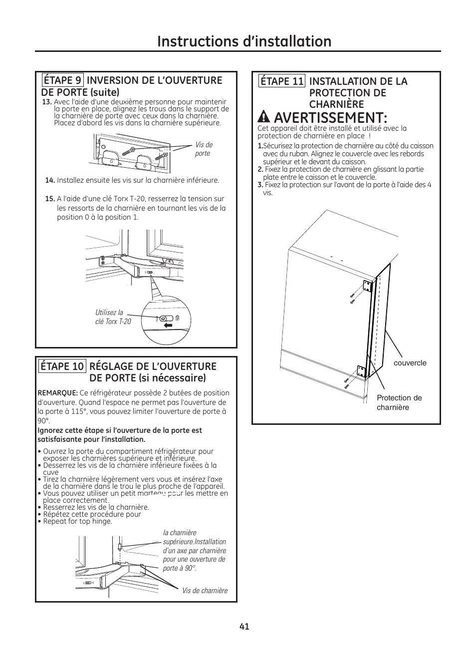 Instructions d’installation, Avertissement, Étape 9 inversion de l’ouverture de porte (suite) | GE ZIC30GNDII User Manual | Page 41 / 68