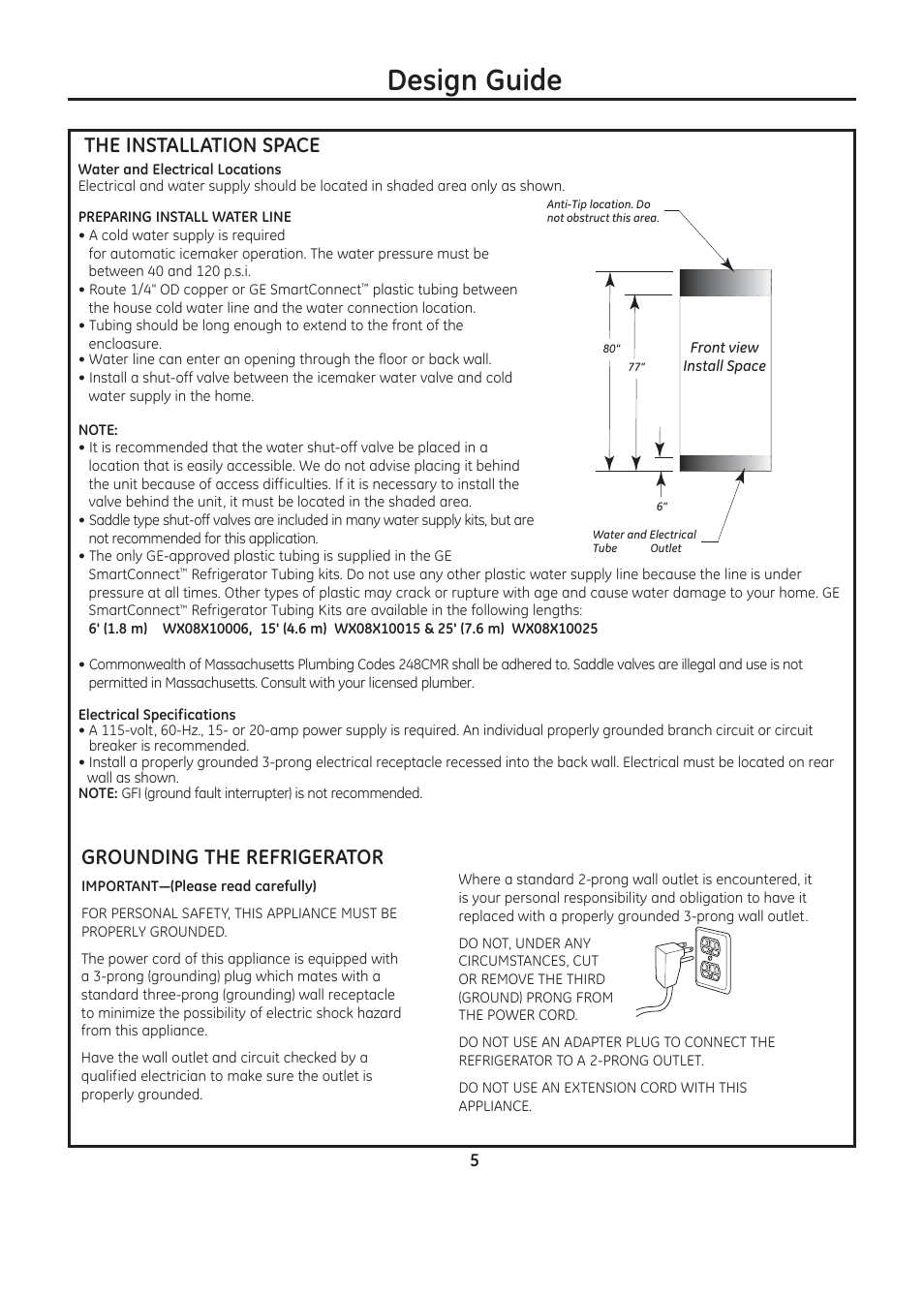 Design guide, The installation space, Grounding the refrigerator | GE ZIC30GNDII User Manual | Page 5 / 68