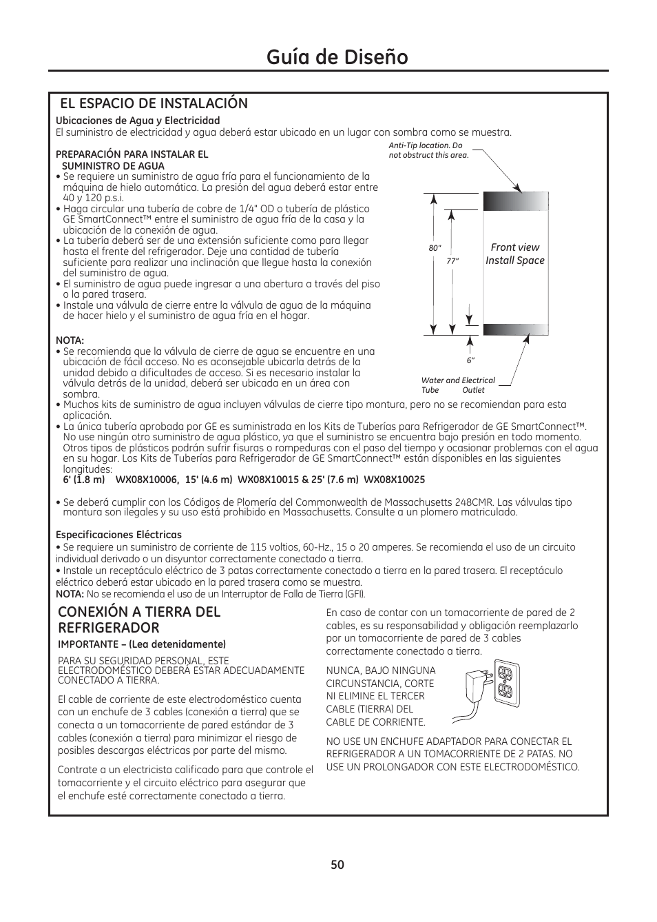 Guía de diseño, El espacio de instalación, Conexión a tierra del refrigerador | GE ZIC30GNDII User Manual | Page 50 / 68