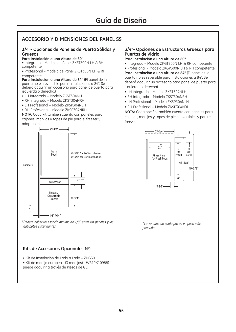 Guía de diseño, Accesorio y dimensiones del panel ss | GE ZIC30GNDII User Manual | Page 55 / 68