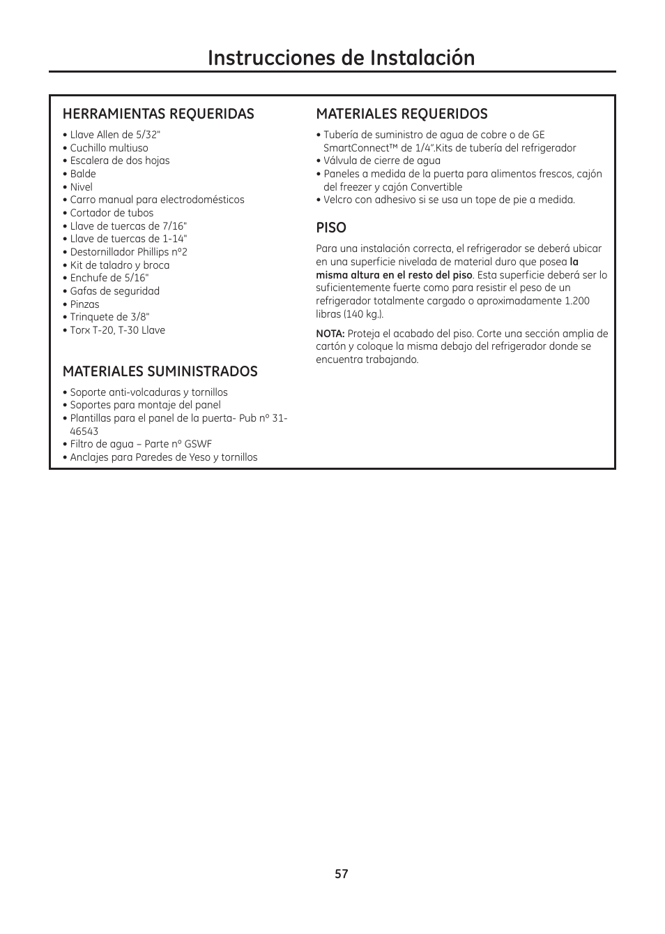 Instrucciones de instalación, Materiales requeridos, Piso | Herramientas requeridas, Materiales suministrados | GE ZIC30GNDII User Manual | Page 57 / 68