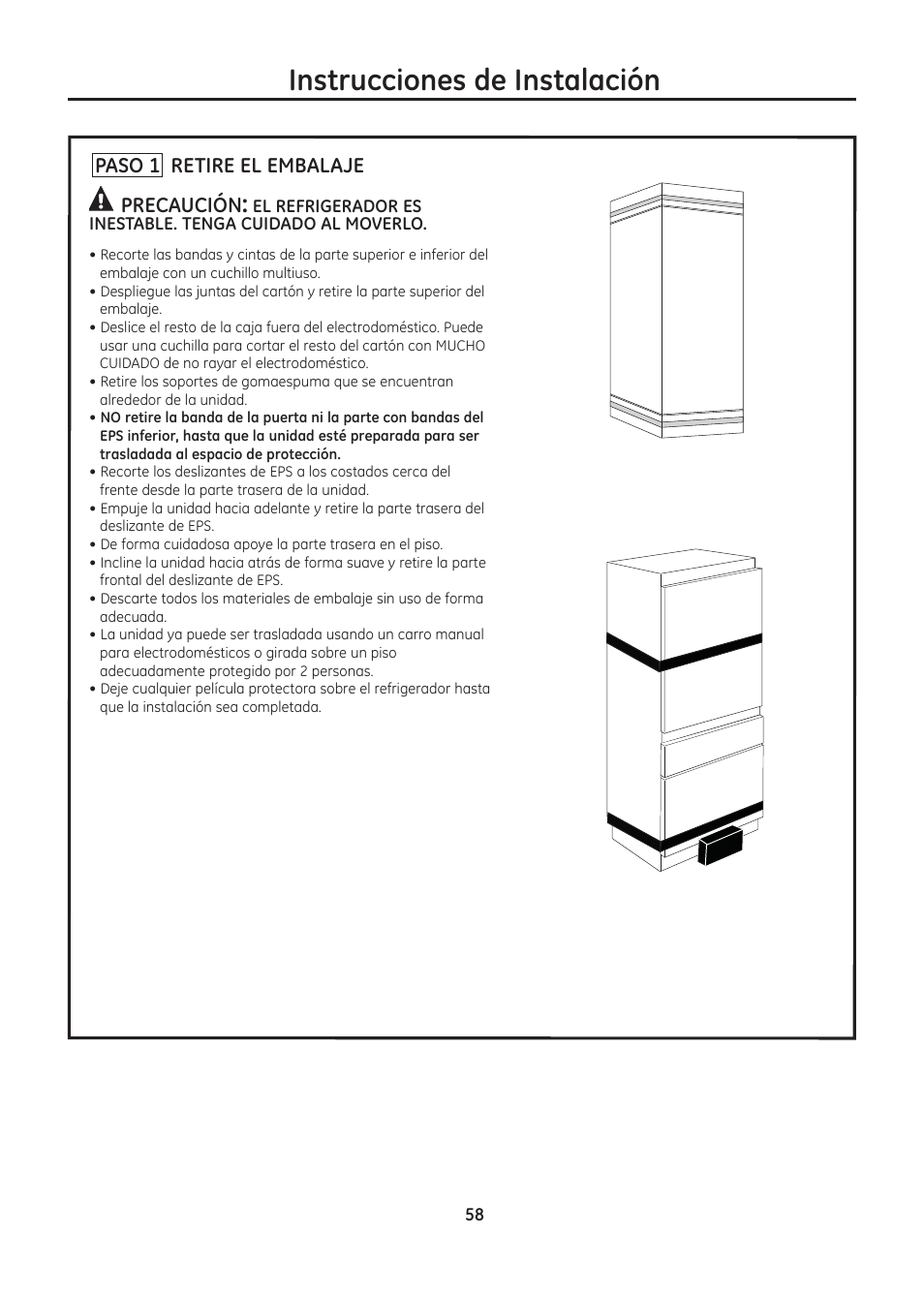Instrucciones de instalación, Paso 1 retire el embalaje precaución | GE ZIC30GNDII User Manual | Page 58 / 68