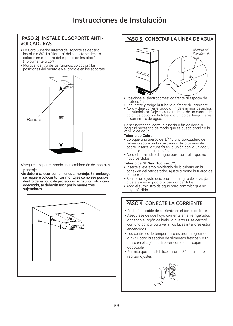 Instrucciones de instalación, Paso 2 instale el soporte anti- volcaduras, Paso 4 conecte la corriente | Paso 3 conectar la línea de agua | GE ZIC30GNDII User Manual | Page 59 / 68