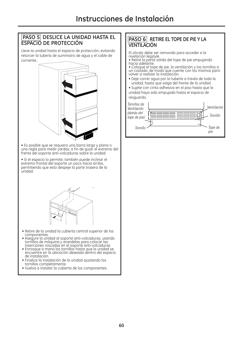 Instrucciones de instalación, Paso 6 retire el tope de pie y la ventilación | GE ZIC30GNDII User Manual | Page 60 / 68