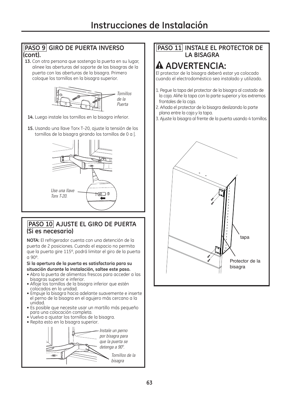 Instrucciones de instalación, Advertencia, Paso 11 instale el protector de la bisagra | Paso 9 giro de puerta inverso (cont), Paso 10 ajuste el giro de puerta (si es necesario) | GE ZIC30GNDII User Manual | Page 63 / 68