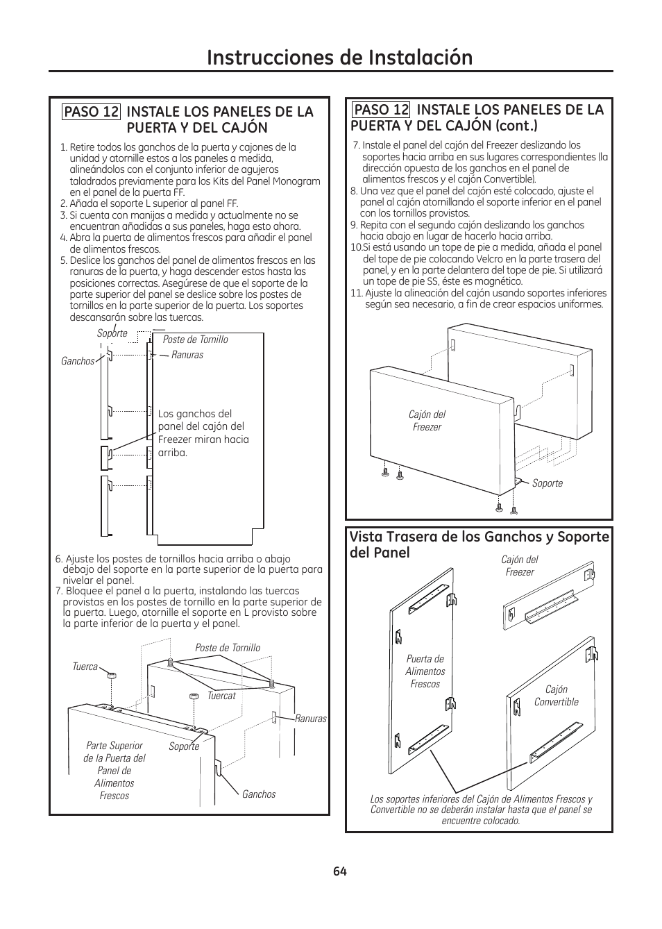 Instrucciones de instalación, Vista trasera de los ganchos y soporte del panel | GE ZIC30GNDII User Manual | Page 64 / 68