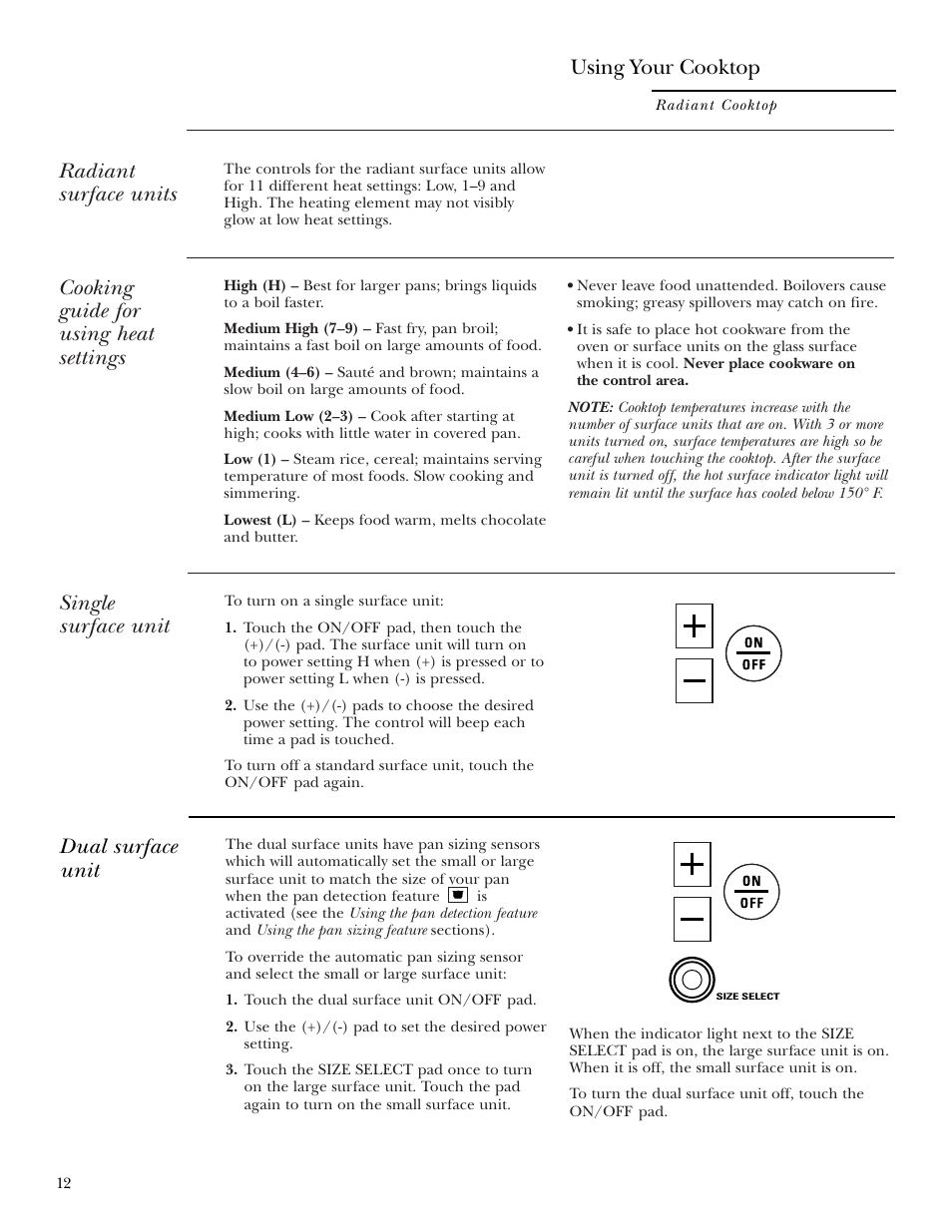 Cooking guide, Dual surface units, Single surface units | Radiant surface units, Single surface unit, Cooking guide for using heat settings, Dual surface unit, Using your cooktop | GE ZEU36RSFSS User Manual | Page 12 / 28