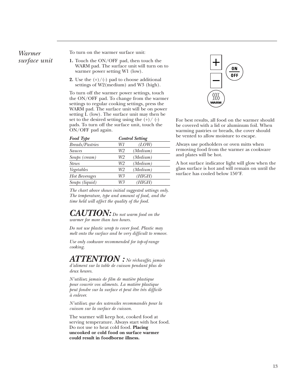 Warmer surface unit, Caution, Attention | GE ZEU36RSFSS User Manual | Page 13 / 28