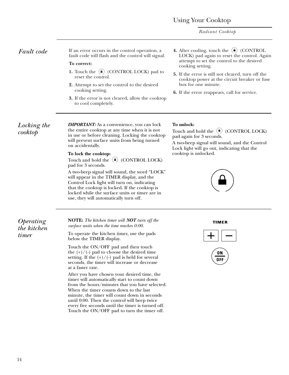 Control lock pad, Fault code, Kitchen timer | Locking the cooktop, Kitchen timer locking the cooktop, Using your cooktop, Operating the kitchen timer | GE ZEU36RSFSS User Manual | Page 14 / 28