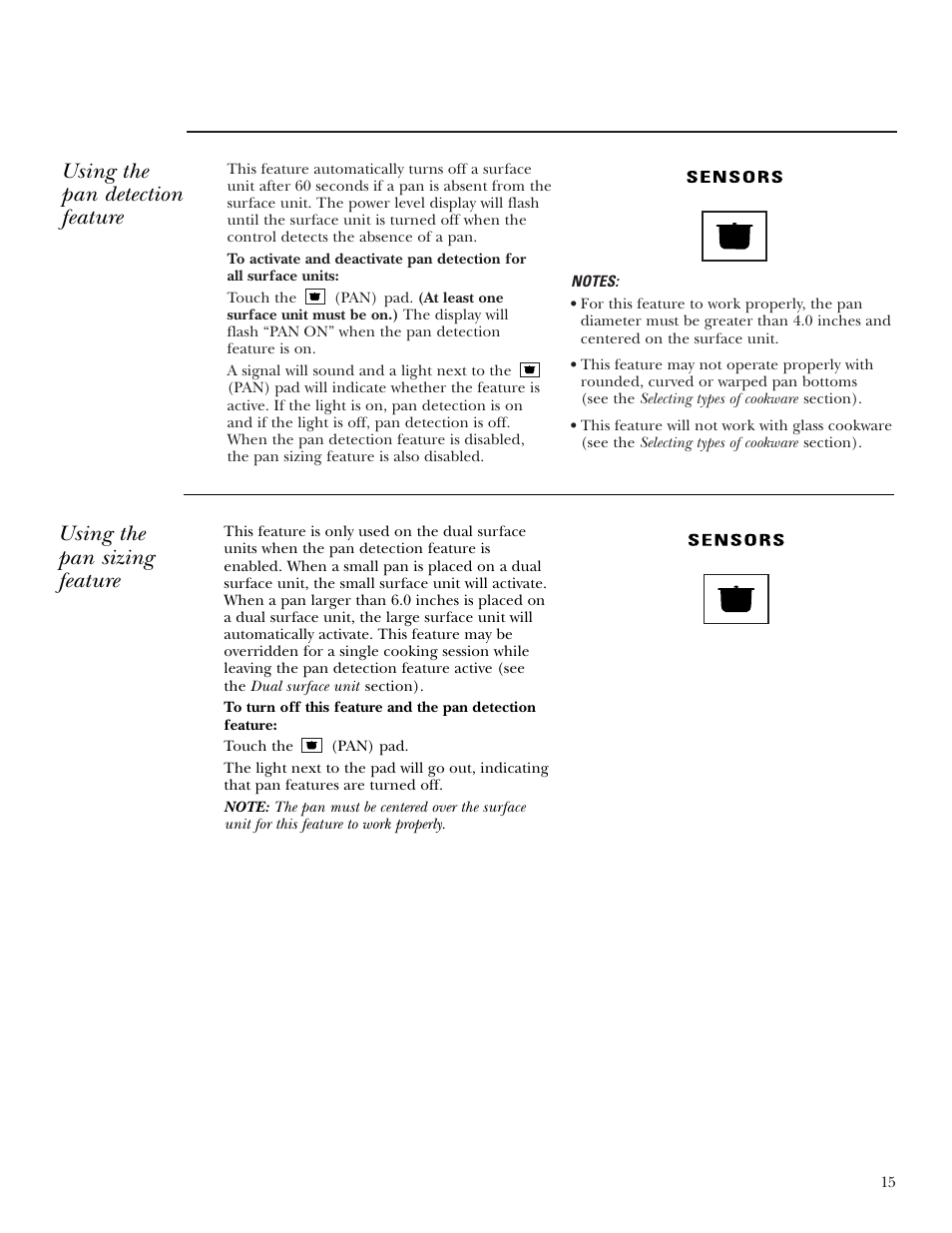 Pan detection feature, Pan sizing feature, Pan detection feature pan sizing feature | Using the pan detection feature, Using the pan sizing feature | GE ZEU36RSFSS User Manual | Page 15 / 28