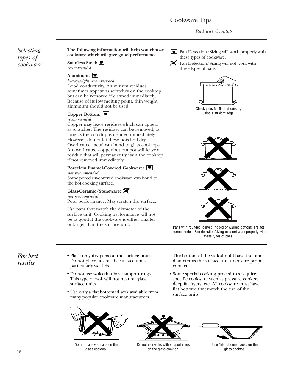 Cookware, Cookware tips, Selecting types of cookware | For best results | GE ZEU36RSFSS User Manual | Page 16 / 28