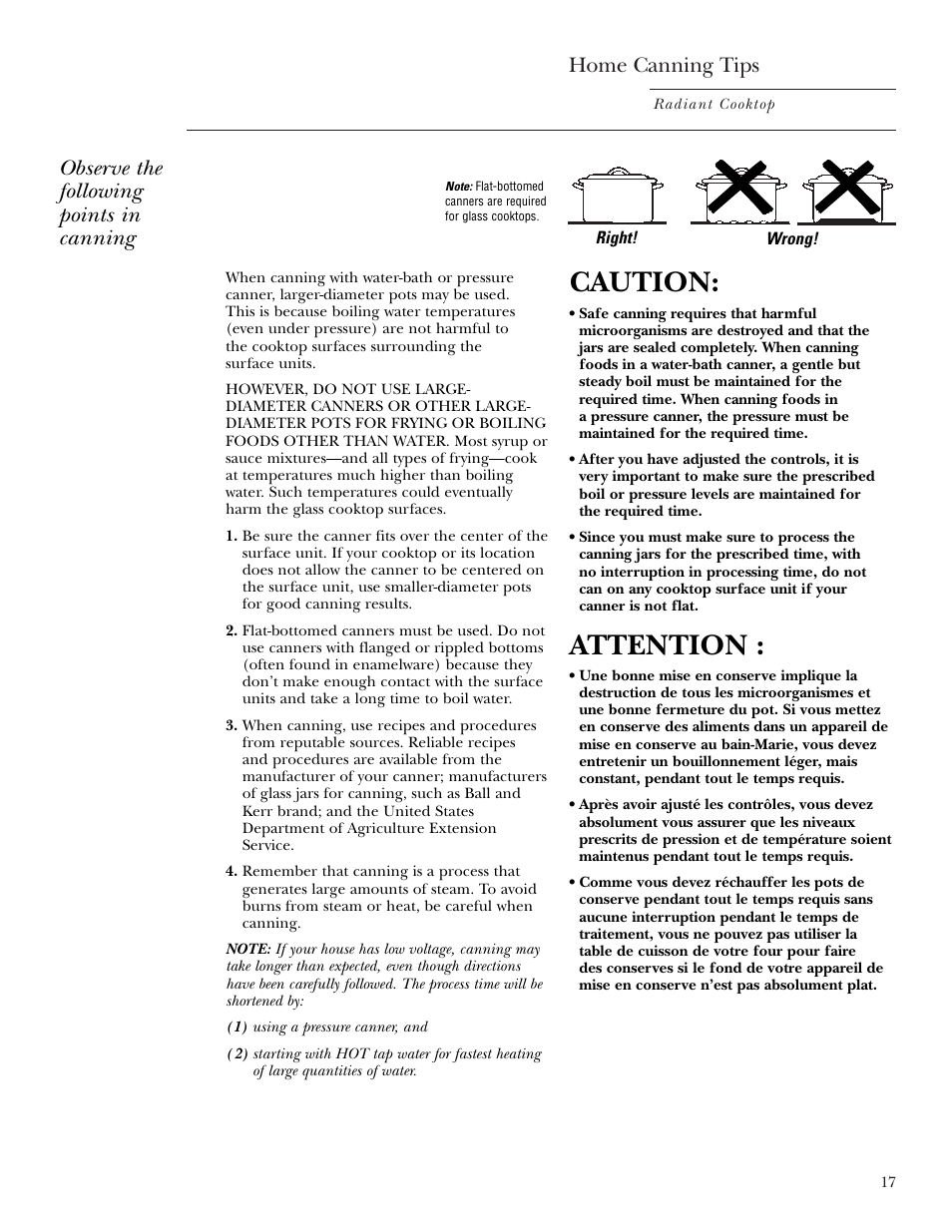Home canning tips, Caution, Attention | Observe the following points in canning | GE ZEU36RSFSS User Manual | Page 17 / 28