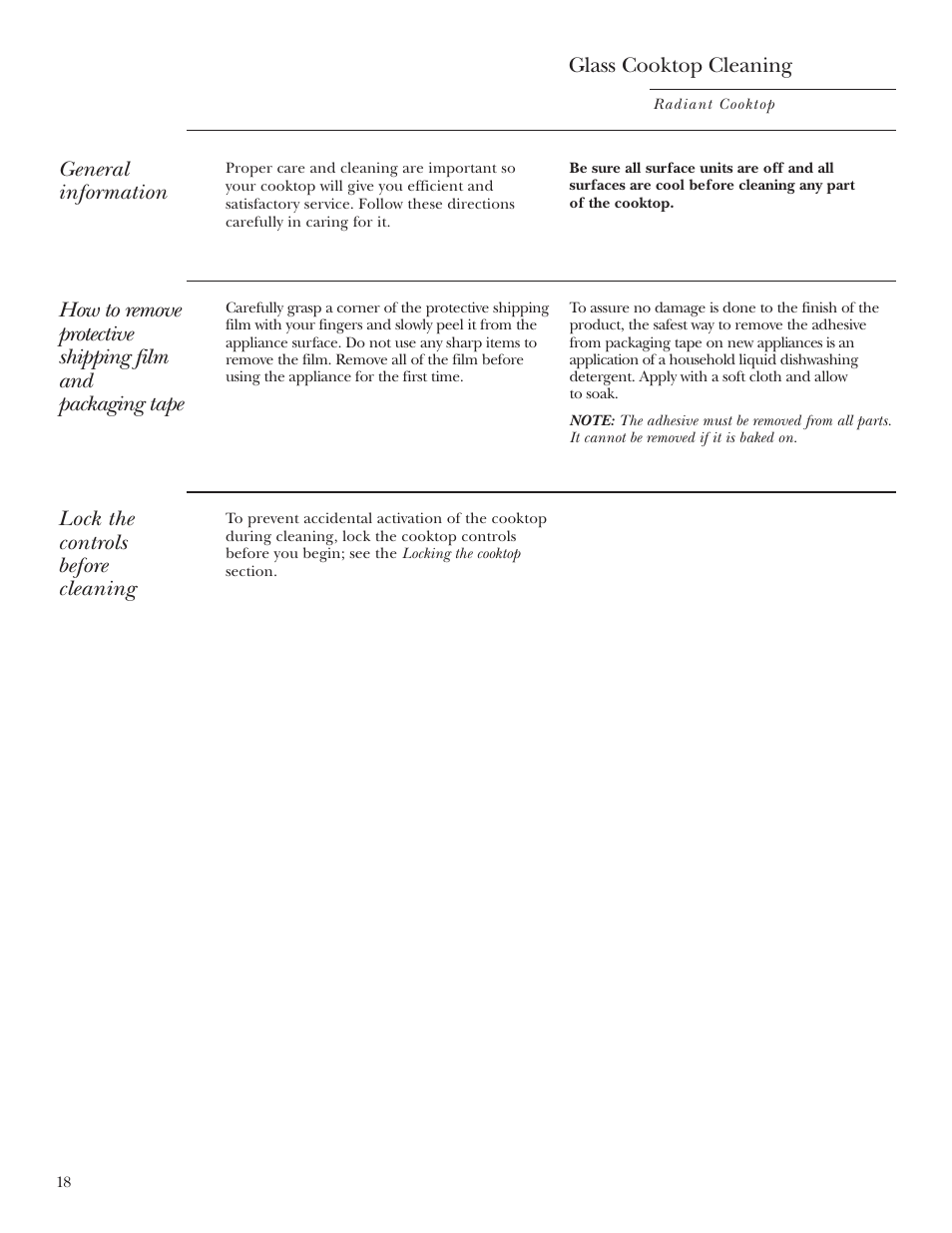 Care and cleaning, Removing packaging tape, Glass cooktop cleaning | Lock the controls before cleaning, General information | GE ZEU36RSFSS User Manual | Page 18 / 28