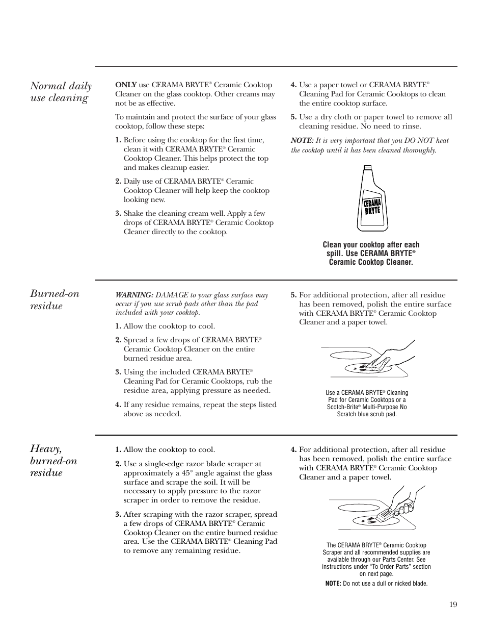 Glass cooktop cleaning, Burned-on residue, Normal daily use cleaning | Heavy, burned-on residue | GE ZEU36RSFSS User Manual | Page 19 / 28