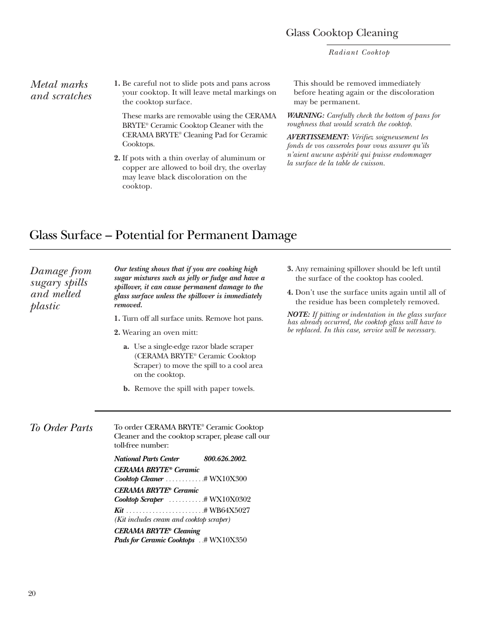 Glass surface – potential for permanent damage, Glass cooktop cleaning, Metal marks and scratches | Damage from sugary spills and melted plastic | GE ZEU36RSFSS User Manual | Page 20 / 28