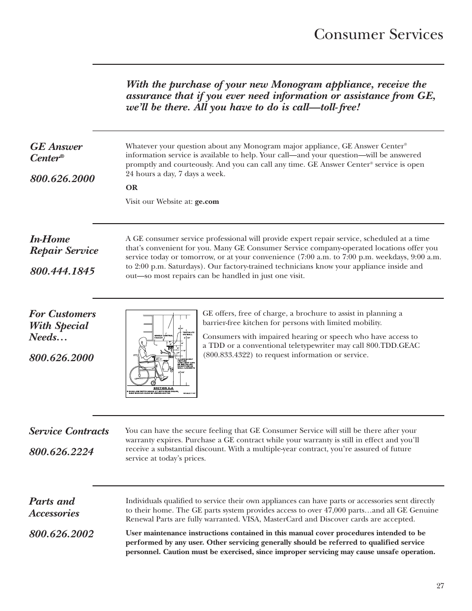 Important phone numbers, Consumer services | GE ZEU36RSFSS User Manual | Page 27 / 28