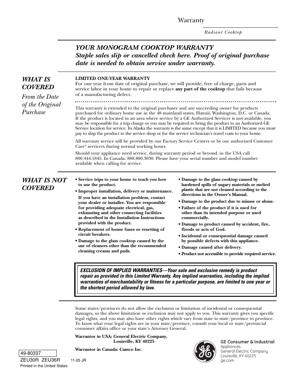 Warranty, What is not covered | GE ZEU36RSFSS User Manual | Page 28 / 28