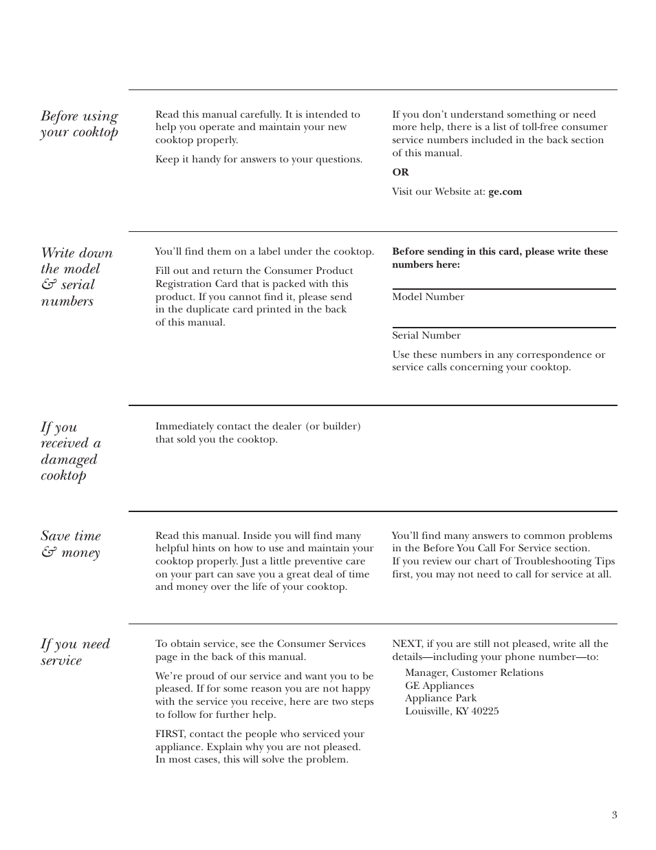 Model and serial numbers, Before using your cooktop, Write down the model & serial numbers | If you received a damaged cooktop, Save time & money, If you need service | GE ZEU36RSFSS User Manual | Page 3 / 28
