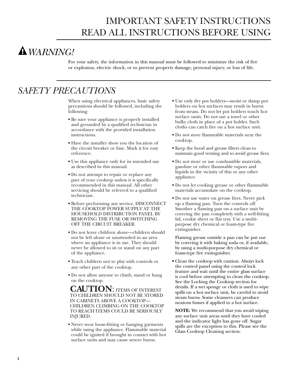 Safety instructions, Warning, Caution | GE ZEU36RSFSS User Manual | Page 4 / 28