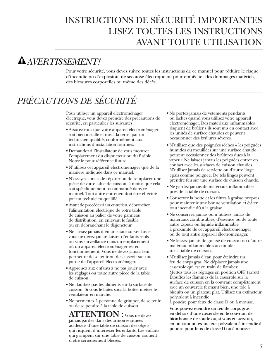 Avertissement, Attention | GE ZEU36RSFSS User Manual | Page 7 / 28