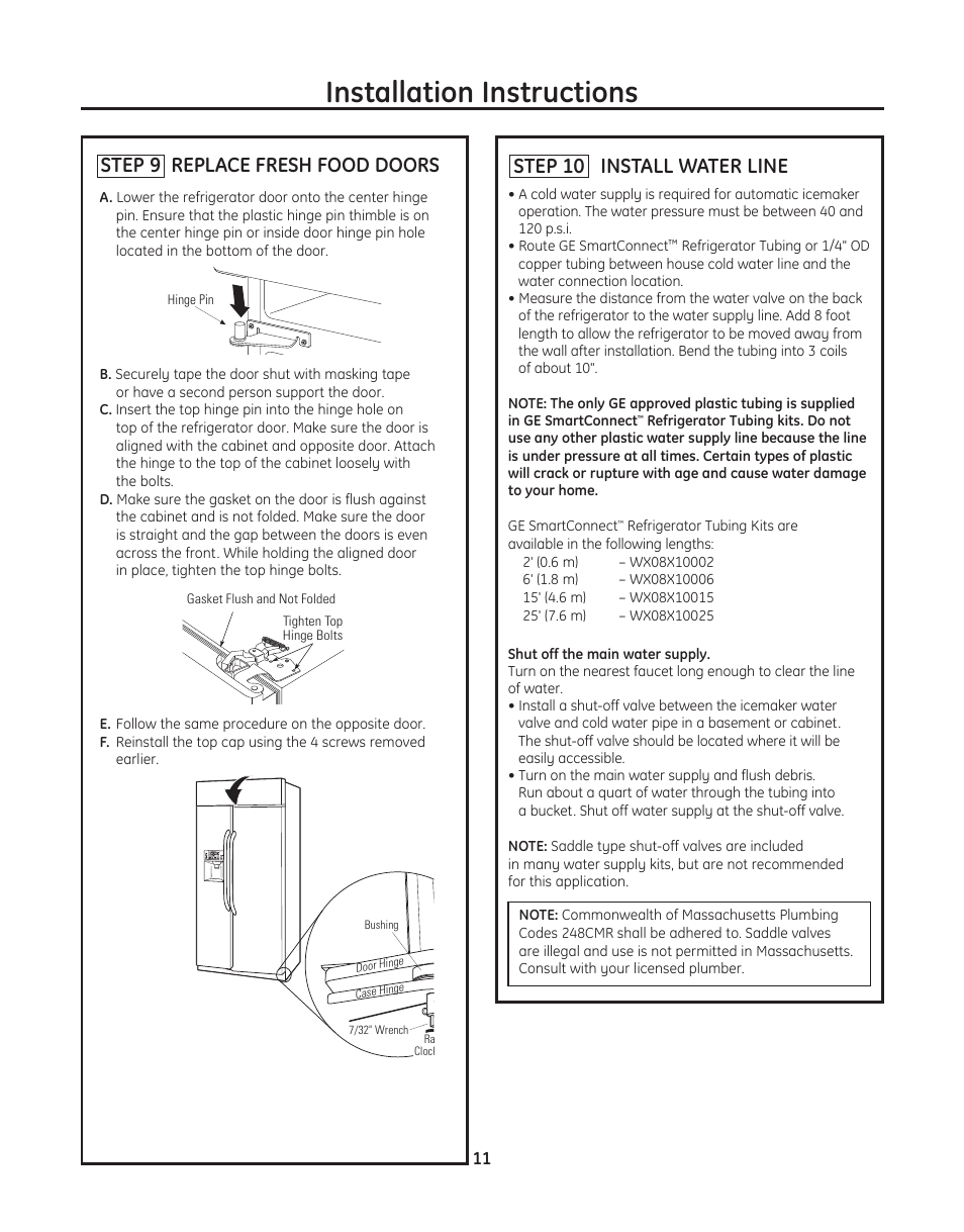 Installation instructions, Step 9 replace fresh food doors, Step 10 install water line | GE ZFGP21HZSS User Manual | Page 11 / 16