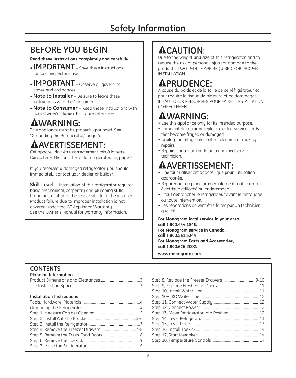 Safety information caution, Prudence, Warning | Avertissement, Before you be gin, Im por tant | GE ZFGP21HZSS User Manual | Page 2 / 16