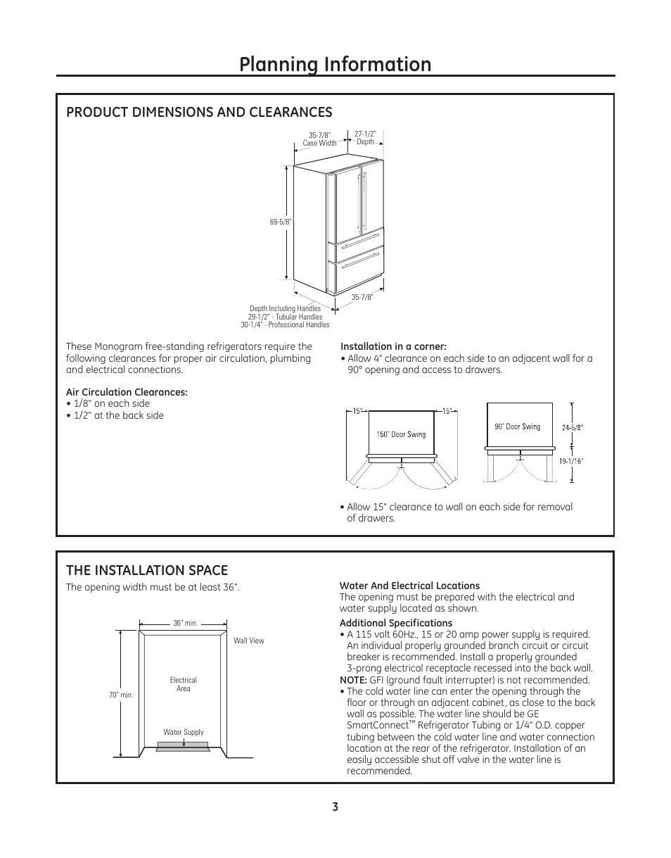 Planning information, Product dimensions and clearances, The installation space | GE ZFGP21HZSS User Manual | Page 3 / 16