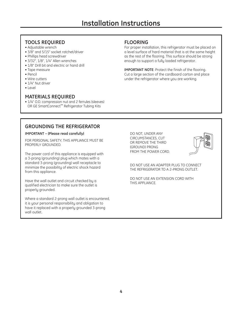 Installation instructions, Tools required, Materials required | Flooring, Grounding the refrigerator | GE ZFGP21HZSS User Manual | Page 4 / 16