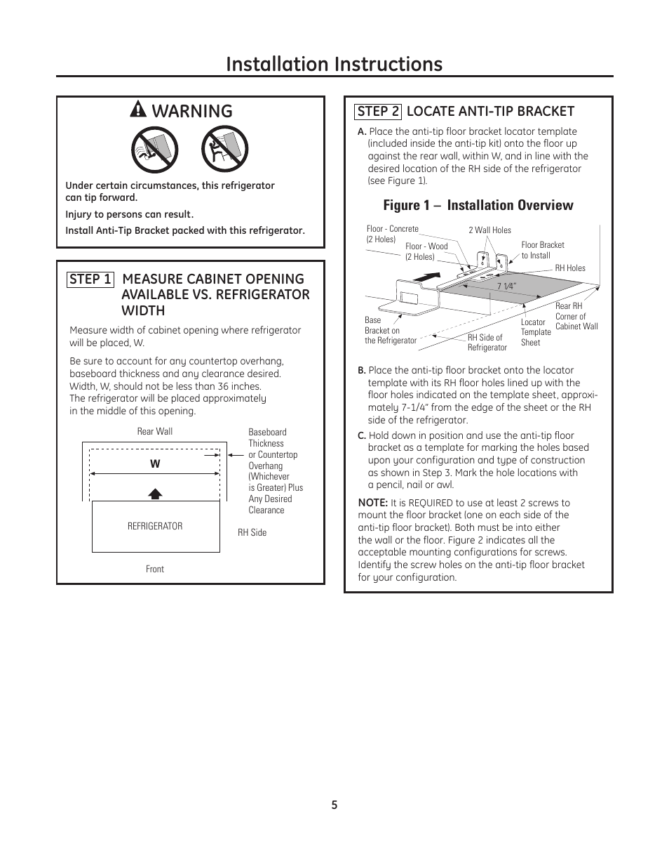 Installation instructions, Warning, Step 2 locate anti-tip bracket | Figure 1 – installation overview | GE ZFGP21HZSS User Manual | Page 5 / 16