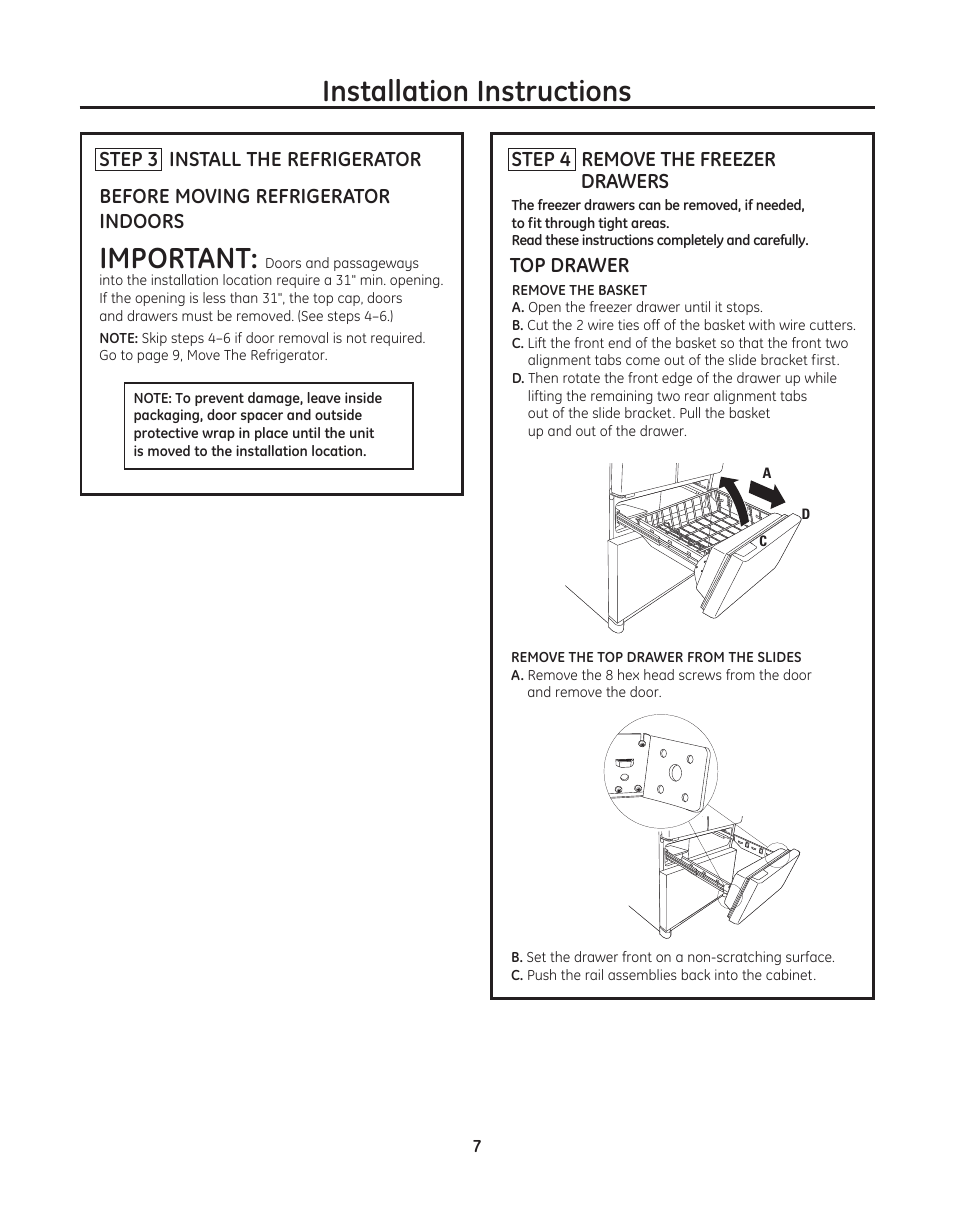 Installation instructions, Important | GE ZFGP21HZSS User Manual | Page 7 / 16