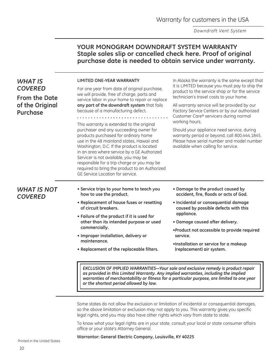 What is not covered, Warranty for customers in the usa | GE ZVB36STSS User Manual | Page 10 / 20