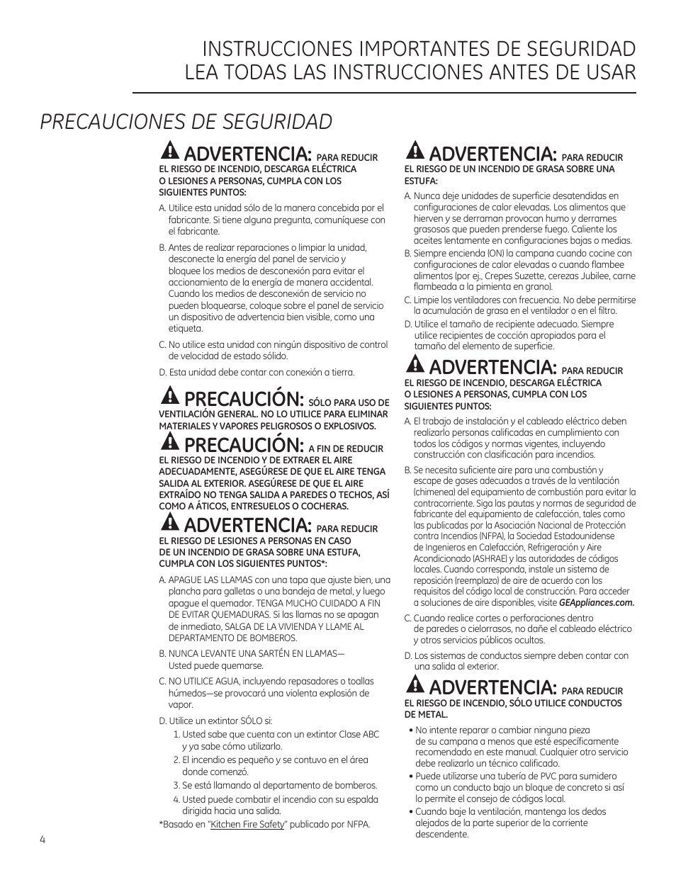 Advertencia, Precaución | GE ZVB36STSS User Manual | Page 14 / 20