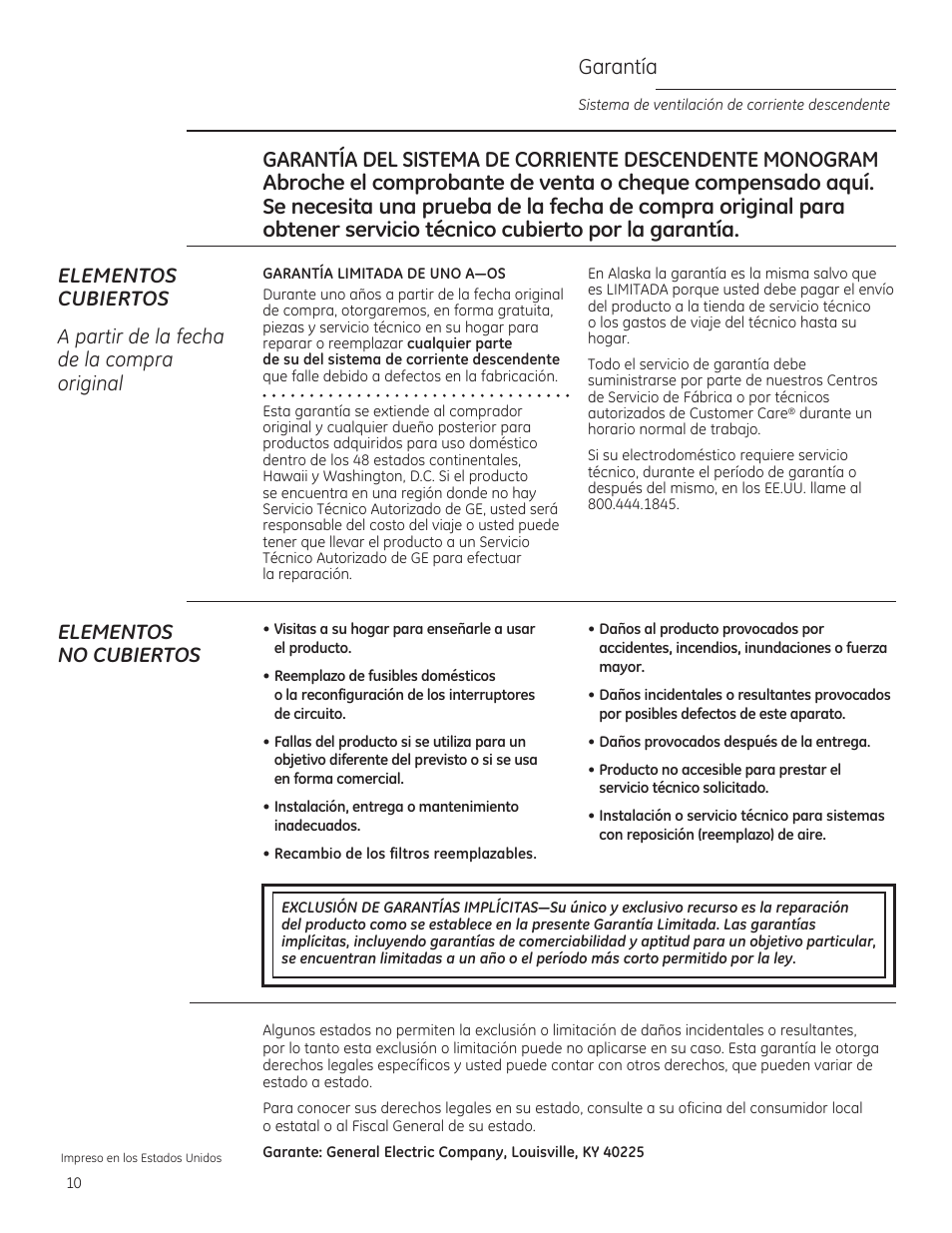 Elementos no cubiertos, Garantía | GE ZVB36STSS User Manual | Page 20 / 20