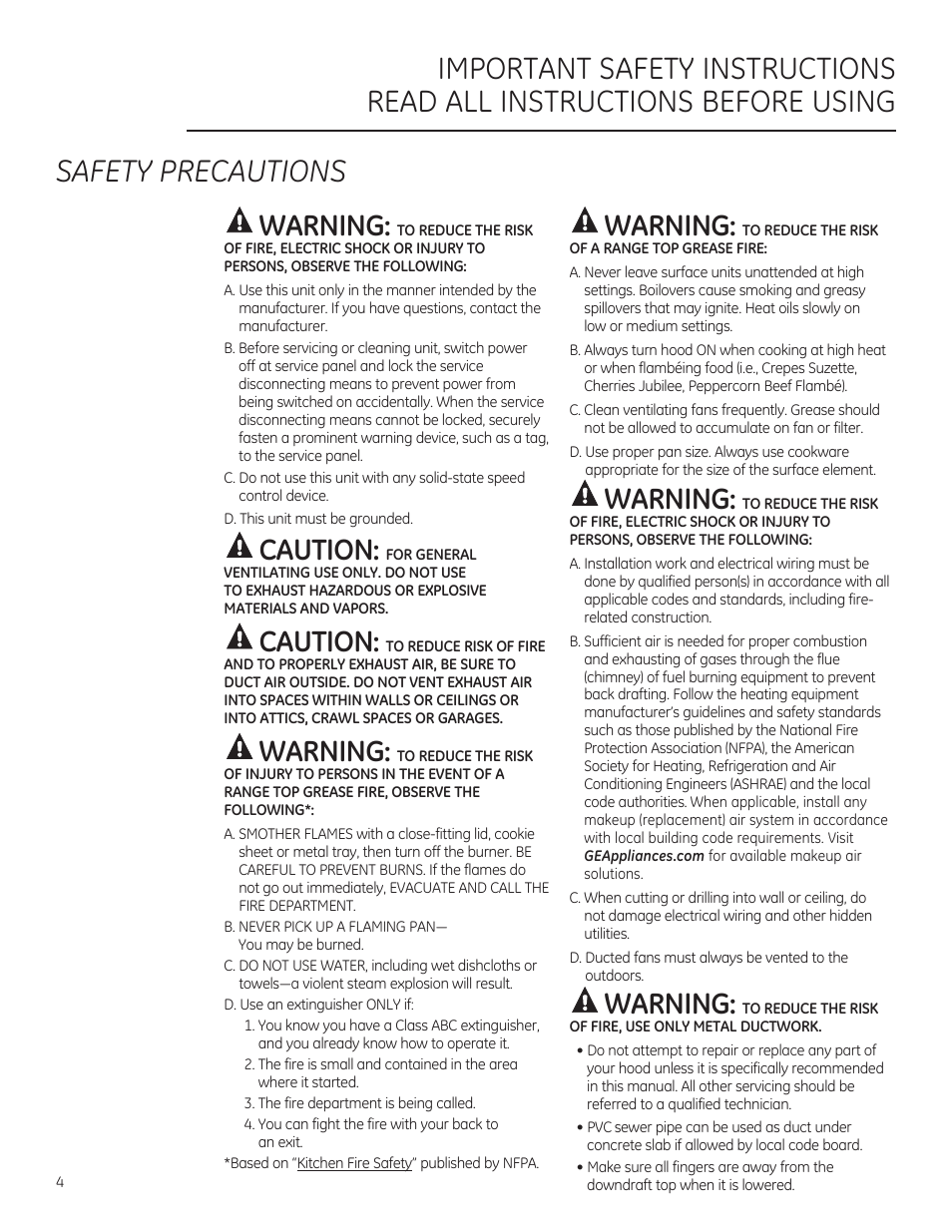 Warning, Caution | GE ZVB36STSS User Manual | Page 4 / 20