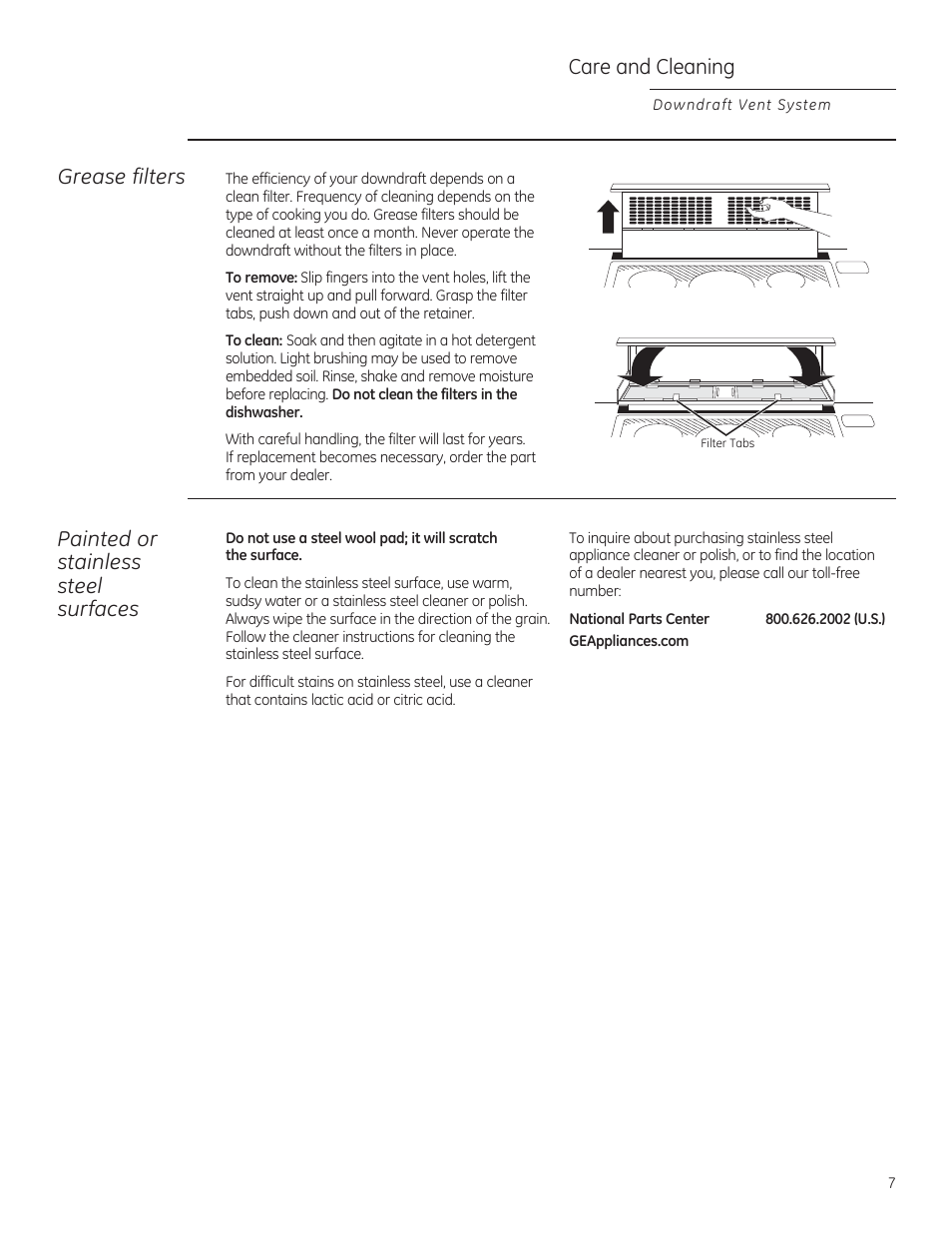 Care and cleaning, Painted or stainless steel surfaces, Grease filters | GE ZVB36STSS User Manual | Page 7 / 20