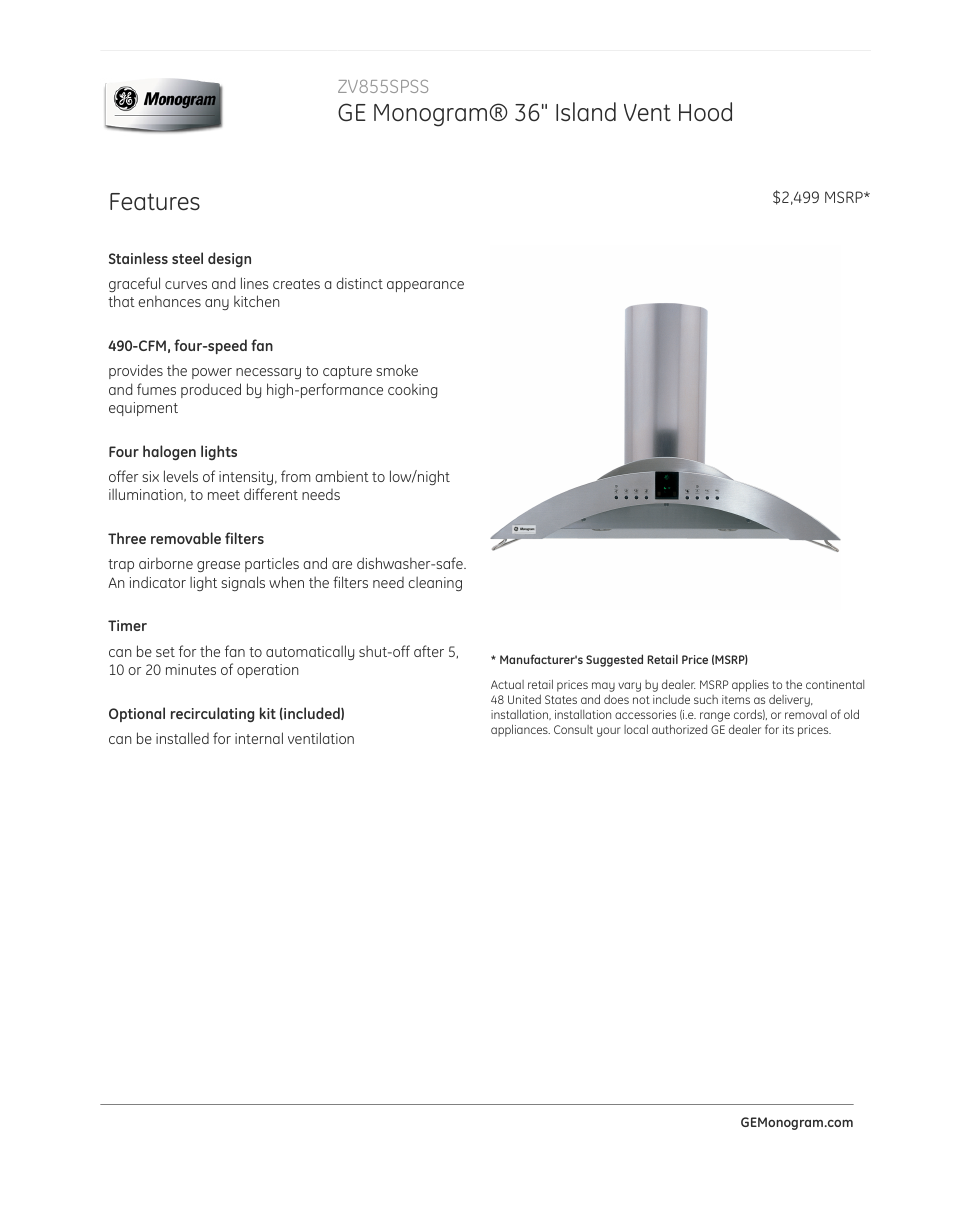 GE ZV855SPSS User Manual | 2 pages