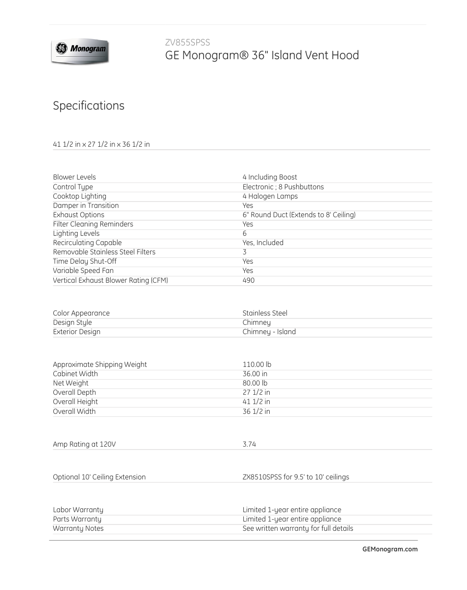 Ge monogram® 36" island vent hood, Specifications, Zv855spss | GE ZV855SPSS User Manual | Page 2 / 2