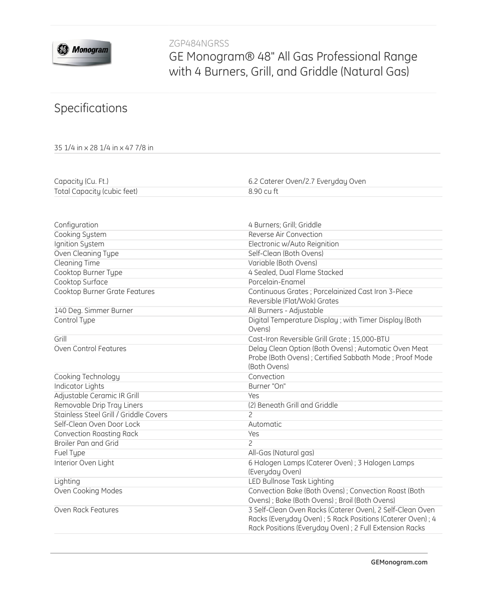 Specifications, Zgp484ngrss | GE ZGP484NGRSS User Manual | Page 3 / 4