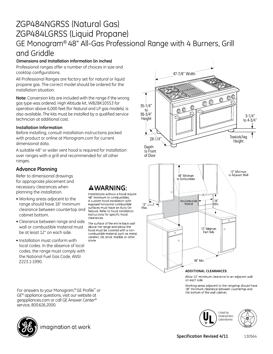 GE ZGP484NGRSS User Manual | 3 pages