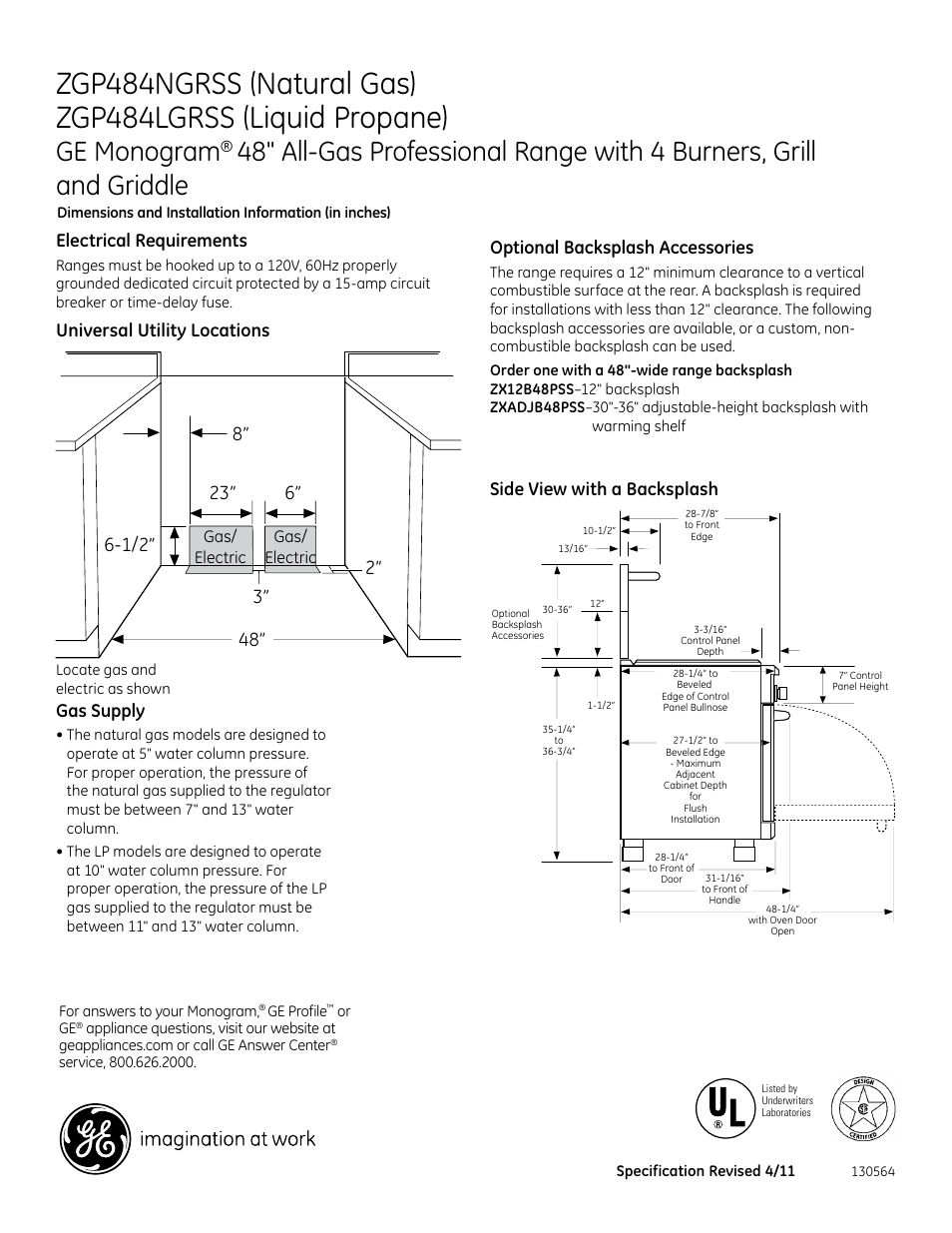 Ge monogram, Electrical requirements, Optional backsplash accessories | Side view with a backsplash, Gas supply, Universal utility locations | GE ZGP484NGRSS User Manual | Page 2 / 3