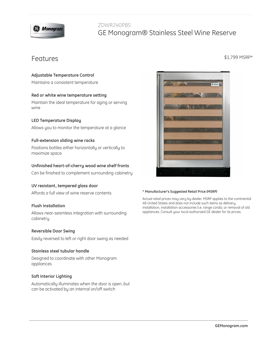 GE ZDWR240PBS User Manual | 3 pages