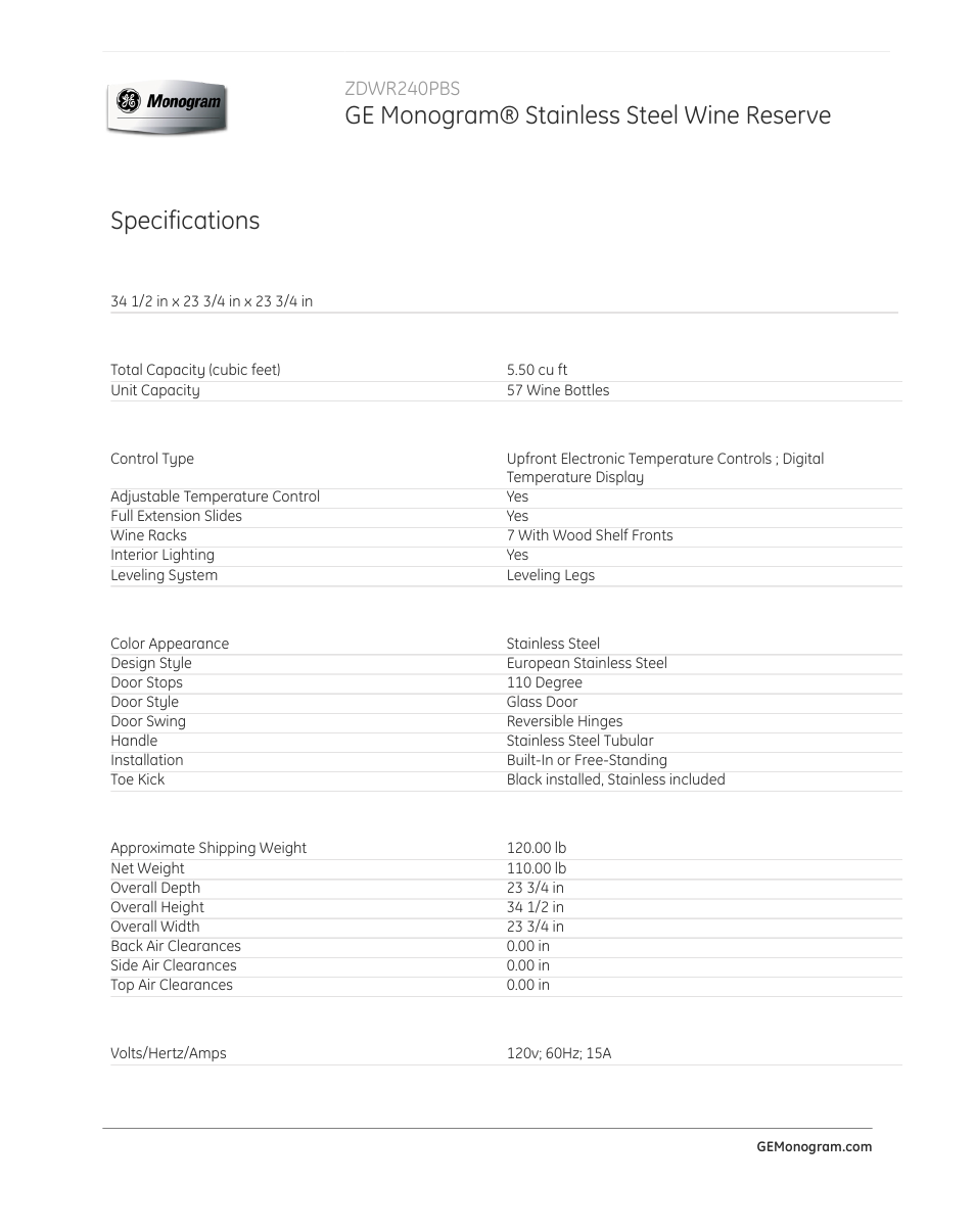 Ge monogram® stainless steel wine reserve, Specifications, Zdwr240pbs | GE ZDWR240PBS User Manual | Page 2 / 3