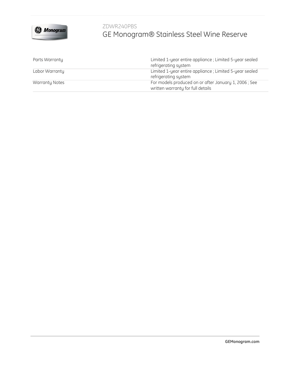 Ge monogram® stainless steel wine reserve | GE ZDWR240PBS User Manual | Page 3 / 3