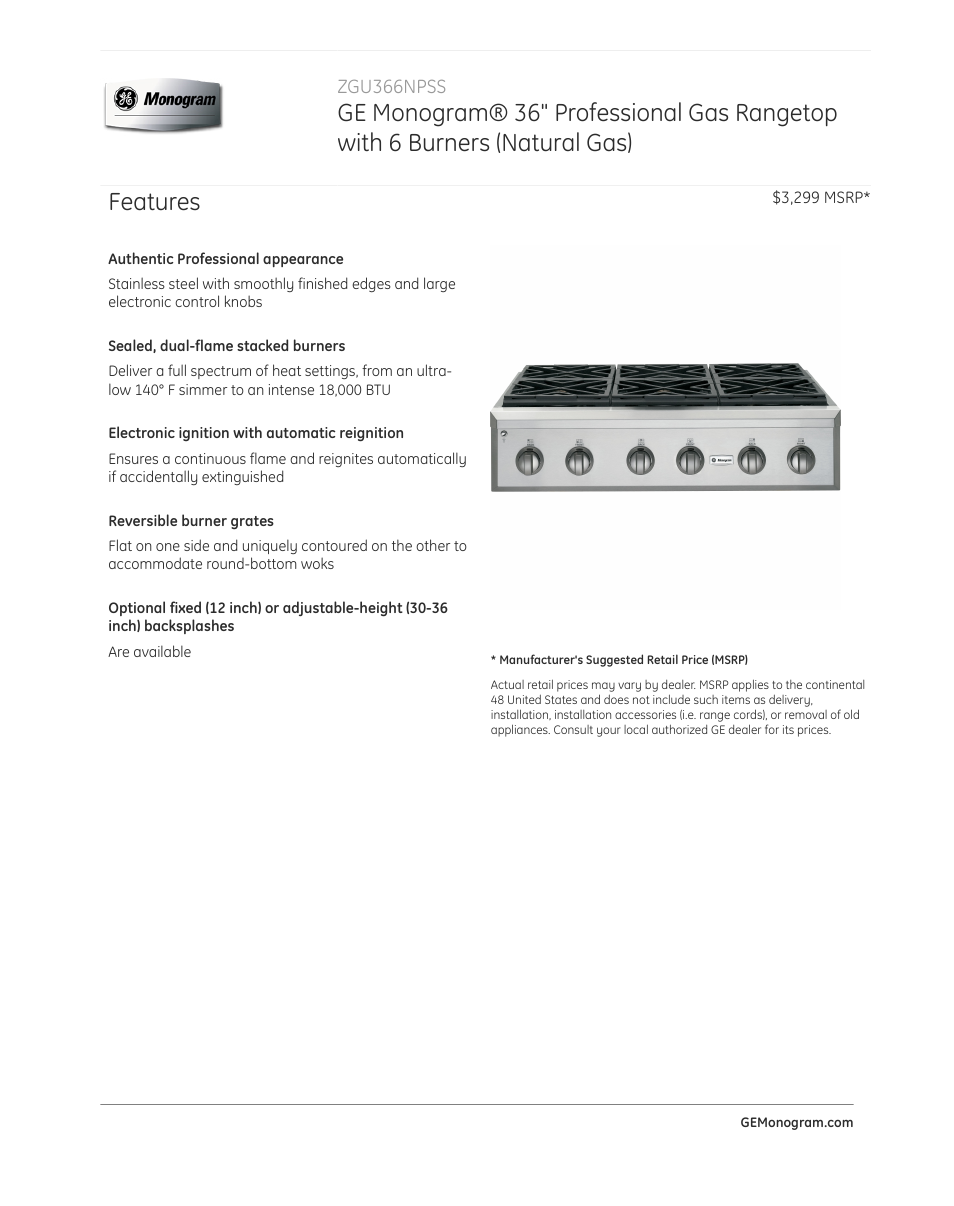 GE ZGU366NPSS User Manual | 3 pages
